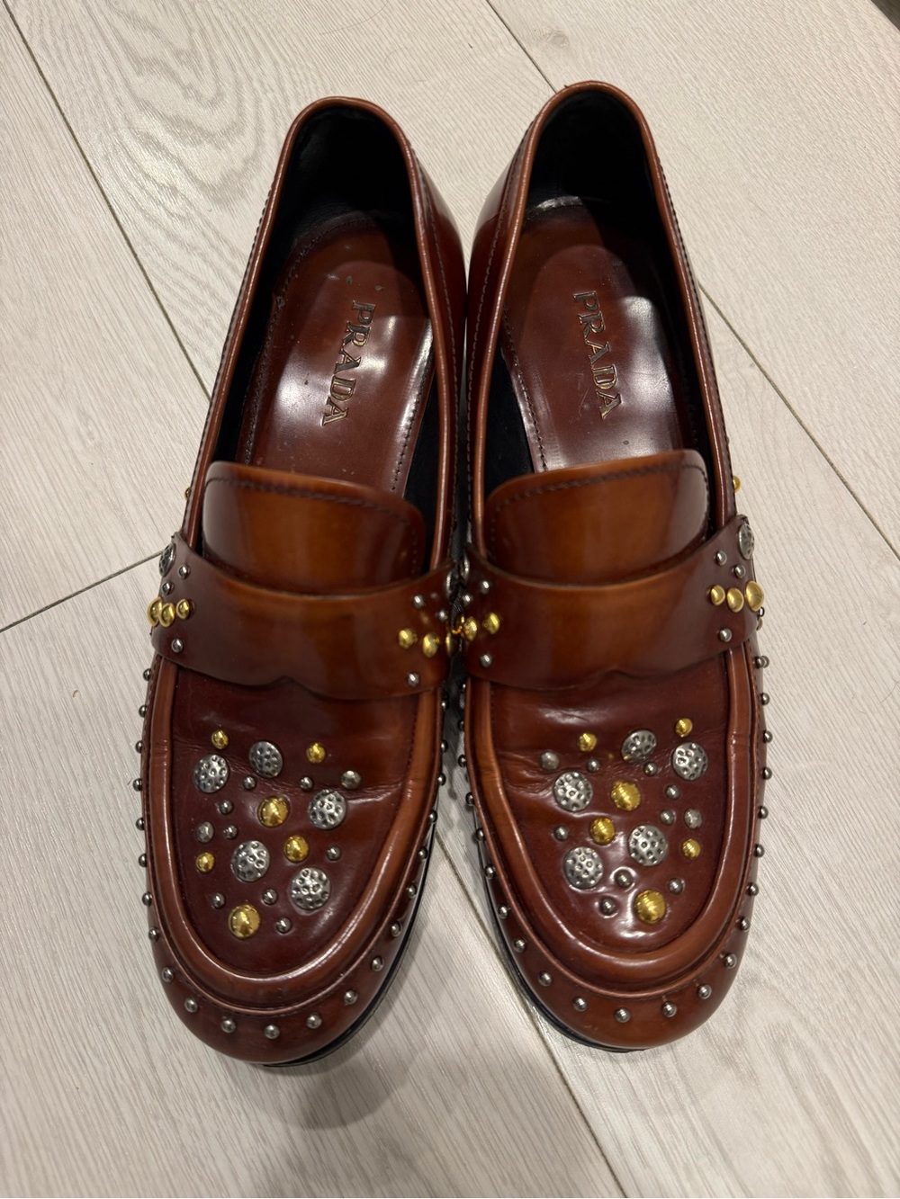 Prada Brown Leather Studded Penny Loafers